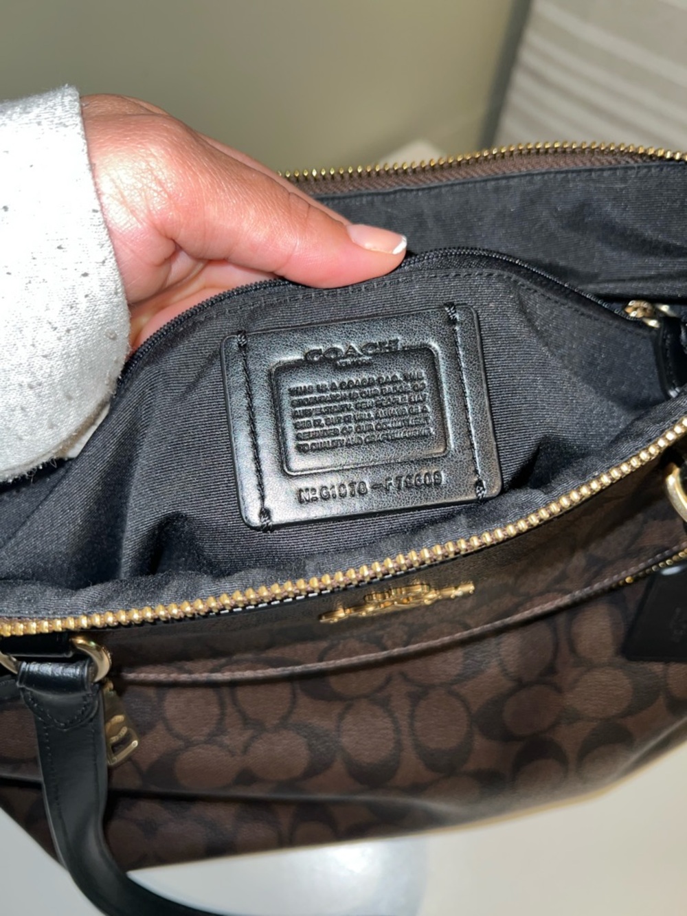 COACH Dark Brown Signature Canvas Tote with Black Straps - Picture 6 of 9